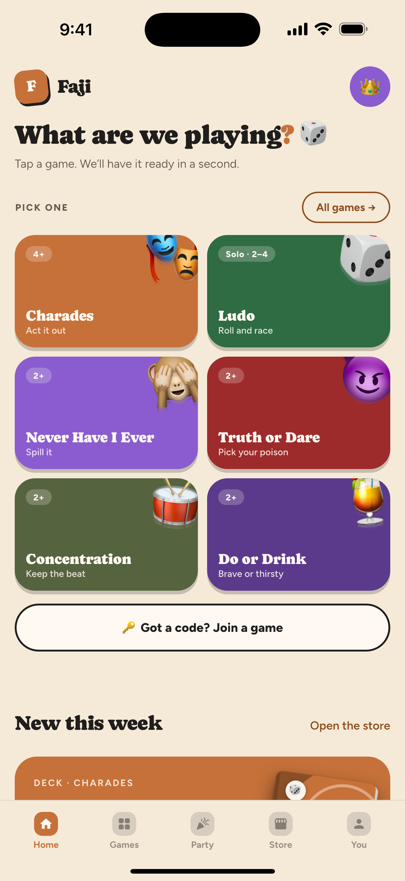 Faji home: tap a game, ready in a second