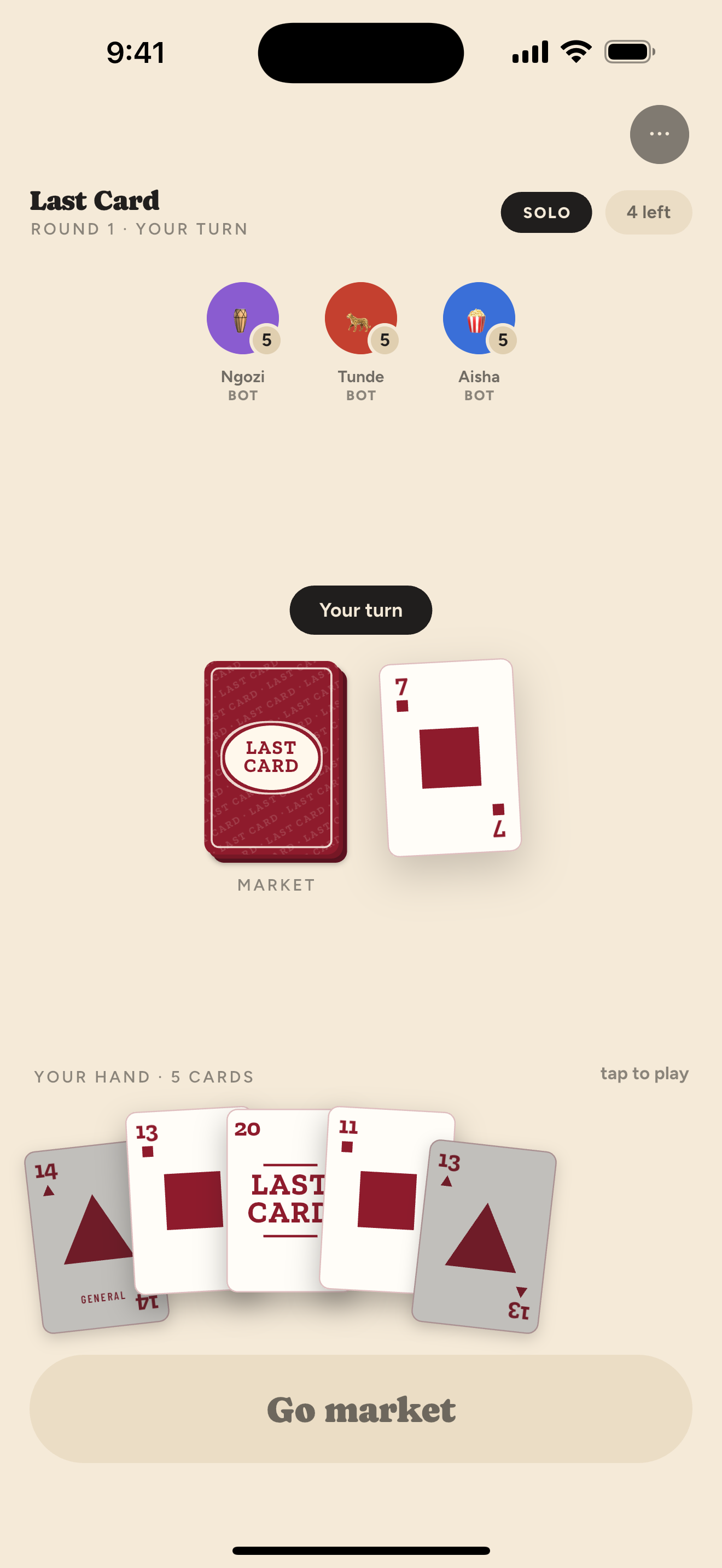 A Last Card hand mid-shed
